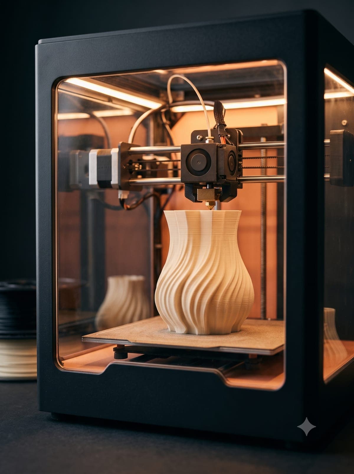 A 3D printer building a fluted vase layer by layer